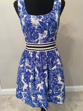 Juicy Couture Blue Floral Fit-and-Flare Dress with Striped Waistband